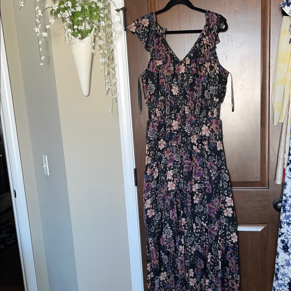 Kensie Black Maxi Dress with Pink and Cream Floral Design